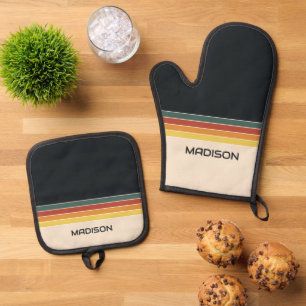 Retro 70s Stripes Personalized Oven Mitt & Pot Holder Set