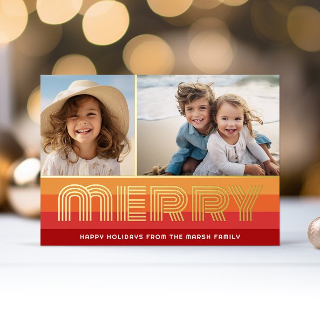 Retro 70s Stripes with Golden Red Colours - 2 Phot Foil Holiday Card (Retro Stripes in shades of rust red - 2 Photo online Christmas Card with Foil Stamp)
