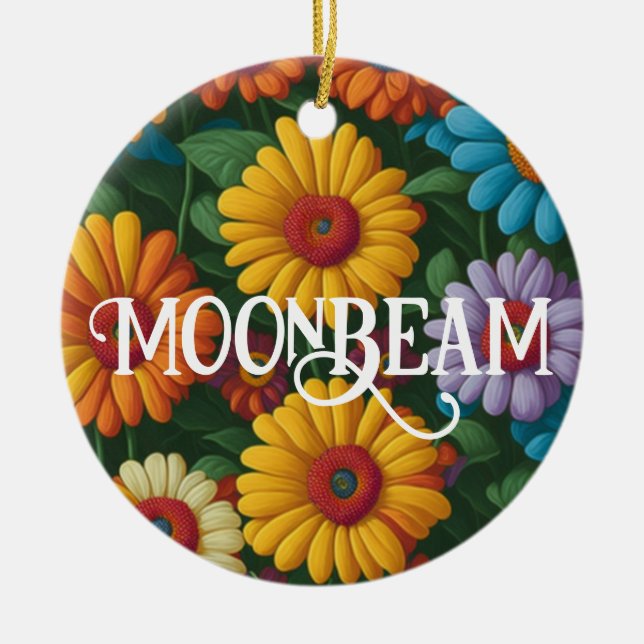 Retro 70s style colourful daisies  ceramic ornament (Front)