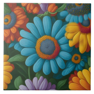 Retro 70s style colourful daisies  ceramic tile