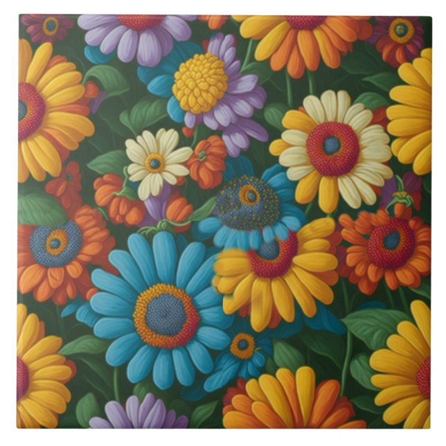 Retro 70s style colourful daisies  ceramic tile (Front)