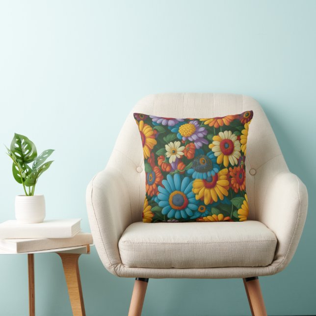 Retro 70s style colourful daisies  cushion (Chair)