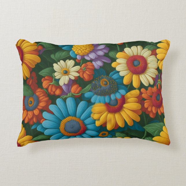 Retro 70s style colourful daisies  decorative cushion (Front)