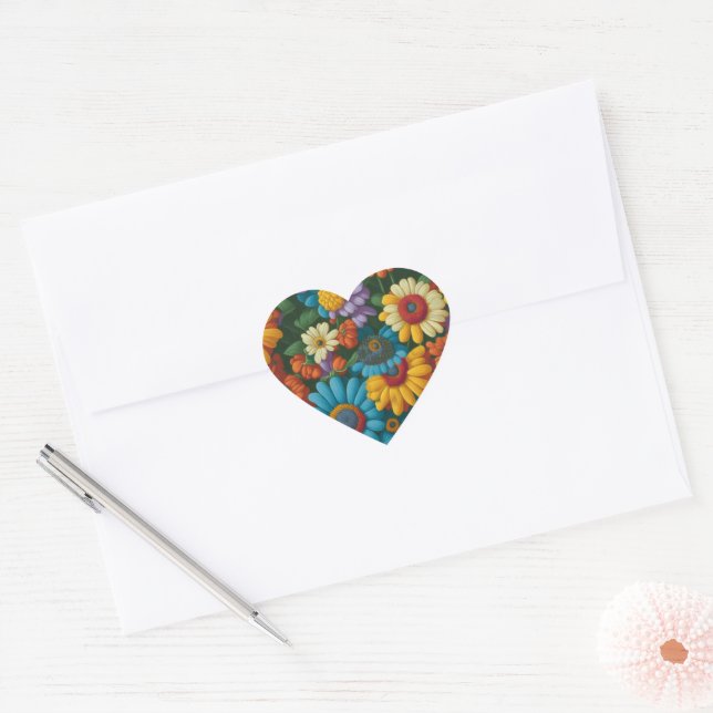 Retro 70s style colourful daisies  heart sticker (Envelope)