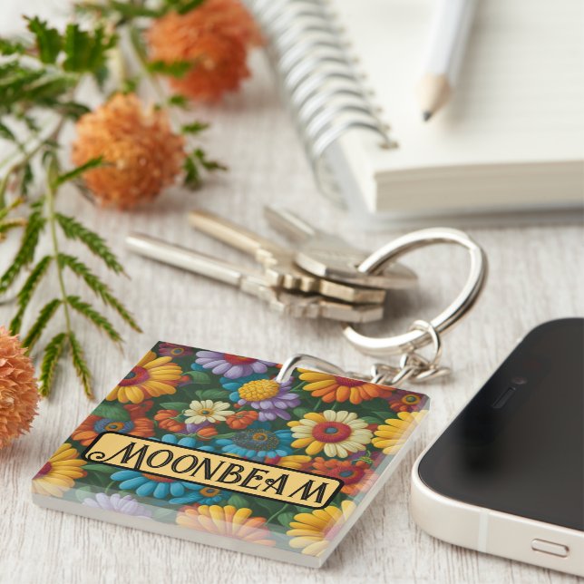 Retro 70s style colourful daisies  key ring (Front Right)