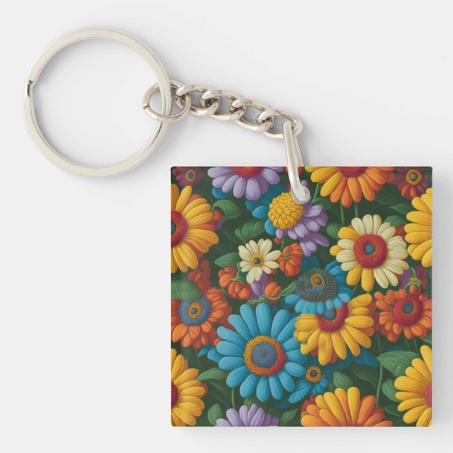 Retro 70s style colourful daisies  key ring (Front)