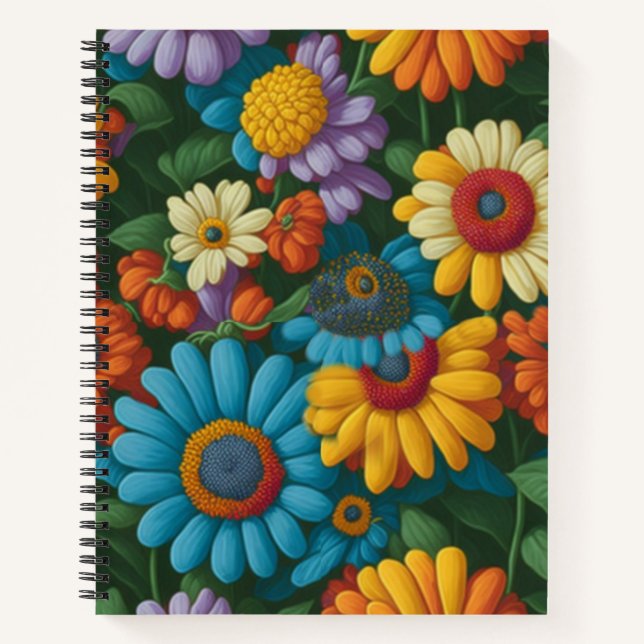 Retro 70s style colourful daisies  notebook (Front)