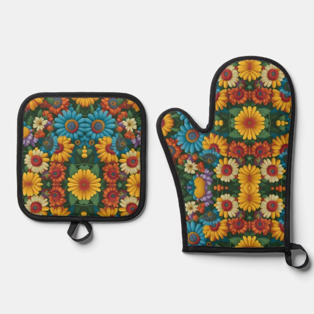 Retro 70s style colourful daisies  oven mitt & pot holder set (Front)