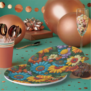 Retro 70s style colourful daisies  paper plate