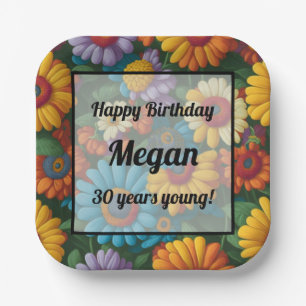 Retro 70s style colourful daisies  paper plate