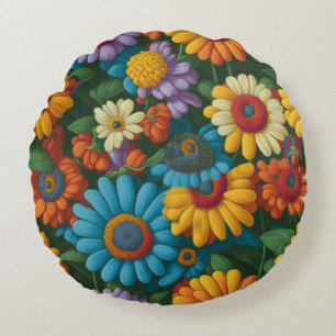 Retro 70s style colourful daisies round cushion