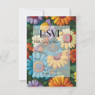 Retro 70s style colourful daisies RSVP card