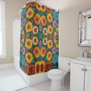 Retro 70s style colourful daisies  shower curtain