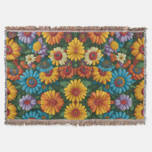 Retro 70s style colourful daisies throw blanket