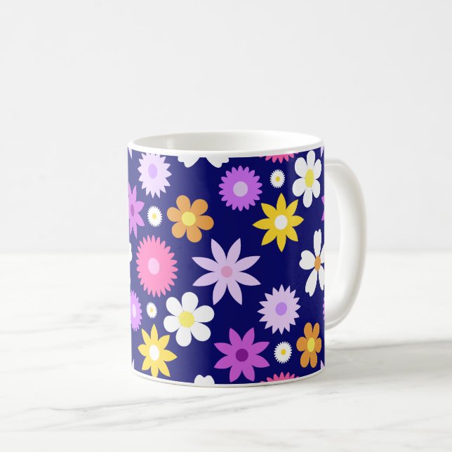 Retro 70s Style Flower Big Pattern on Dark Blue Coffee Mug (Front Right)