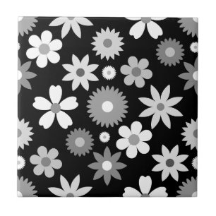 Retro 70s Style Flower Lg Monochrome Pattern Ceramic Tile