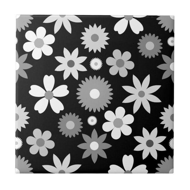 Retro 70s Style Flower Lg Monochrome Pattern Ceramic Tile (Front)