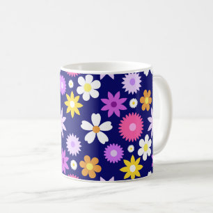Retro 70s Style Flower Lg Pattern on Dark Blue Coffee Mug