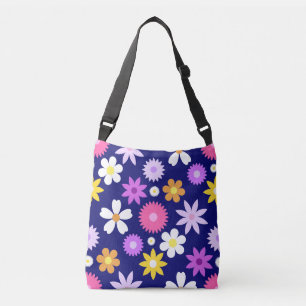 Retro 70s Style Flower Lg Pattern on Dark Blue Crossbody Bag