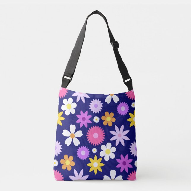Retro 70s Style Flower Lg Pattern on Dark Blue Crossbody Bag (Front)