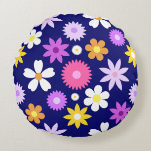 Retro 70s Style Flower Lg Pattern on Dark Blue Round Cushion