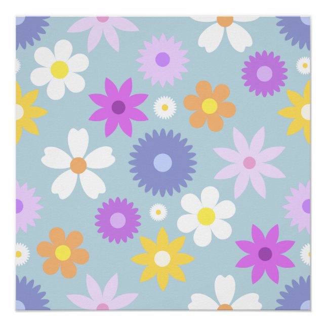 Retro 70s Style Flower Lg Pattern Pastel Colours Poster (Front)