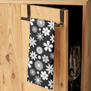 Retro 70s Style Flower Monochrome Pattern Tea Towel