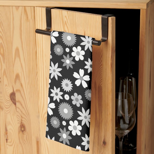 Retro 70s Style Flower Monochrome Pattern Tea Towel (Thirds Fold)