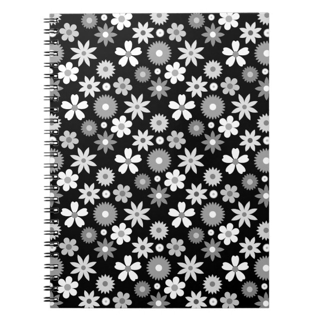 Retro 70s Style Flower Monochrome Rpt Pattern Notebook (Front)