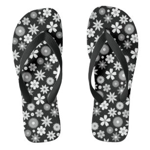 Retro 70s Style Flower Monochrome Rpt Pattern Thongs