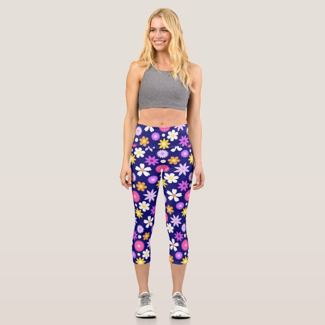 Retro 70s Style Flower Pattern on Dark Blue Capri Leggings (Front)