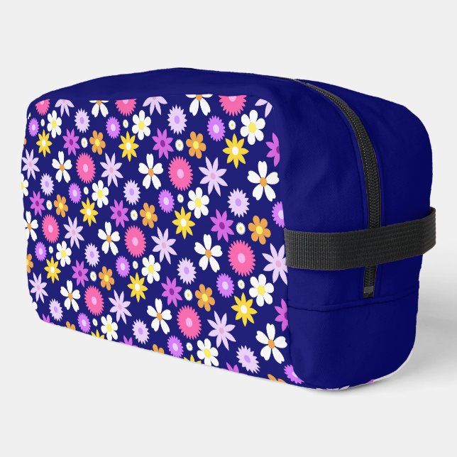 Retro 70s Style Flower Pattern on Dark Blue Dopp Kit (Left Corner)