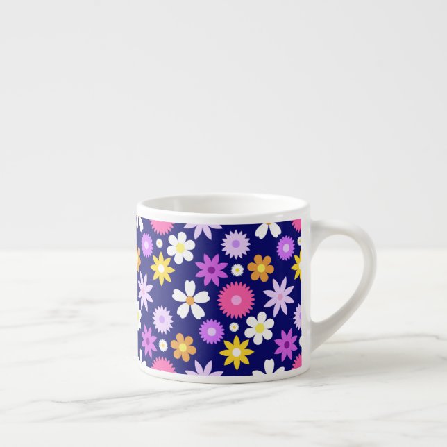 Retro 70s Style Flower Pattern on Dark Blue Espresso Cup (Right)