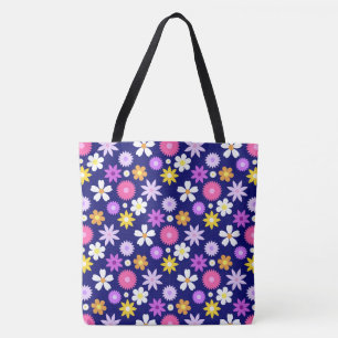 Retro 70s Style Flower Pattern on Dark Blue Tote Bag