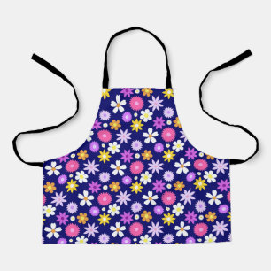 Retro 70s Style Flower Rpt Pattern on Dark Blue Apron