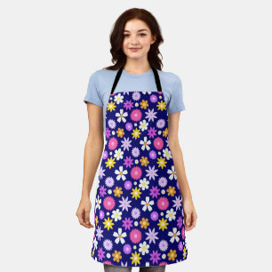 Retro 70s Style Flower Rpt Pattern on Dark Blue Apron