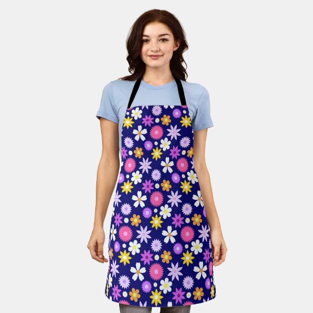 Retro 70s Style Flower Rpt Pattern on Dark Blue Apron (Worn)
