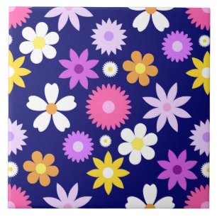 Retro 70s Style Flower Rpt Pattern on Dark Blue Ceramic Tile