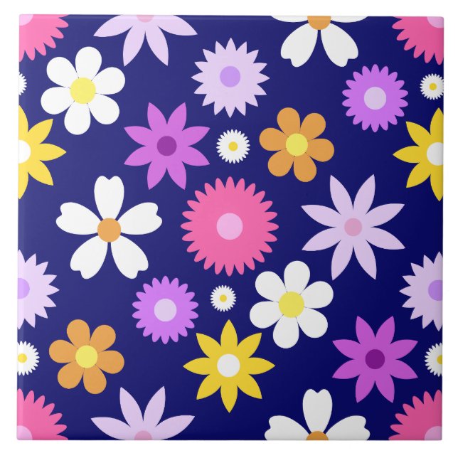Retro 70s Style Flower Rpt Pattern on Dark Blue Ceramic Tile (Front)