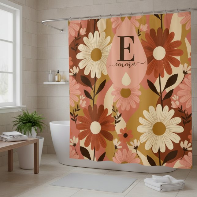 Retro 70s Summer Floral Daisy Custom Name Shower Curtain (Creator Uploaded)