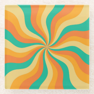 Retro 70s Sunburst Colourful Background Glass Coaster