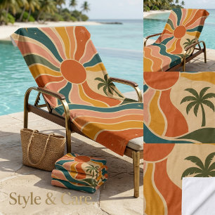 Retro 70s Sunset Waves & Palm Trees Aesthetic Beach Towel