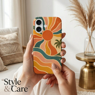 Retro 70s Sunset Waves & Palm Trees Aesthetic iPhone 16 Case