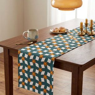 Retro 70s Teal and Orange Geometric Floral  Short Table Runner
