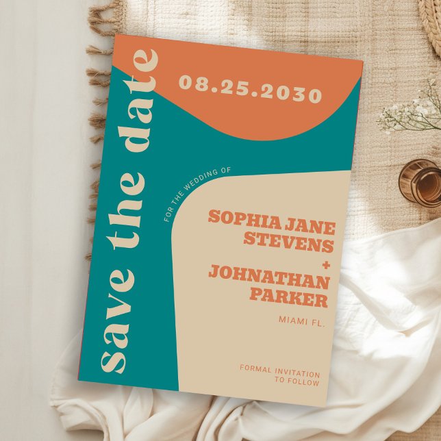 Retro 70s teal orange beige wedding save the date (Creator Uploaded)