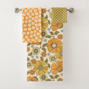 Retro 70's Vintage Floral Orange Bath Towel Set