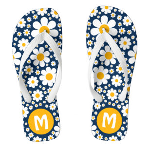 Retro 70s Vintage Floral Personalised Blue Thongs