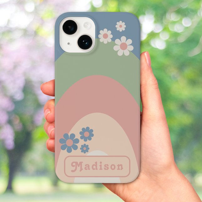 Retro 70s Vintage Pastel Arch add Name Case-Mate iPhone Case (Retro 70s vintage pastel arch with groovy daisy and typography custom iPhone case)
