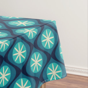 Retro 70s wavy floral pattern - blue throw pillow tablecloth