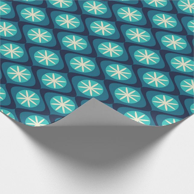 Retro 70s wavy floral pattern - blue  wrapping paper (Corner)